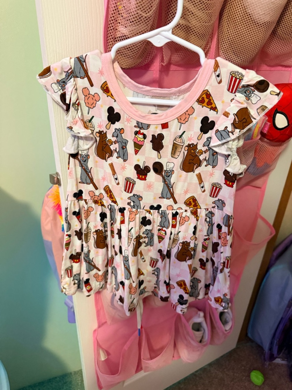 BAMBOO Pink Multi Cartoon Snack Print Ruffle Sleeve Dress